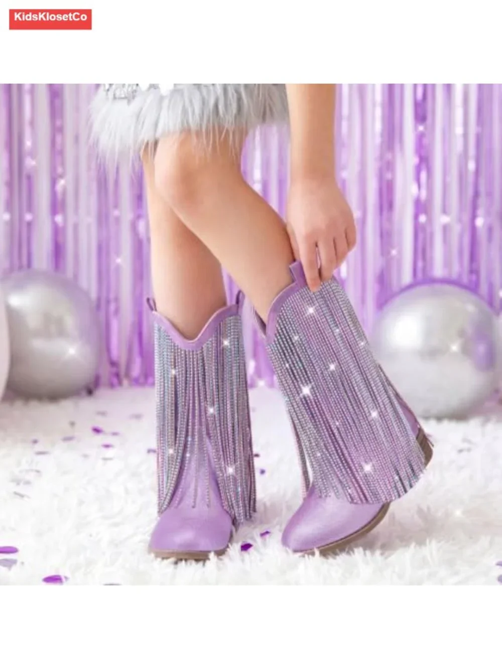 Rhinestone Fringe Cowgirl Boots Girls Mid Calf Pointed Toe Pull On